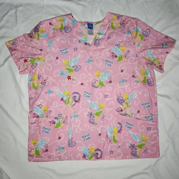 Disney Womens XL Sweet Tink Tinkerbell Scrub Top PInk - Picture 1 of 10